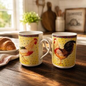 American Atelier Petite Provence Rooster Mugs Yellow Porcelain Farmhouse
